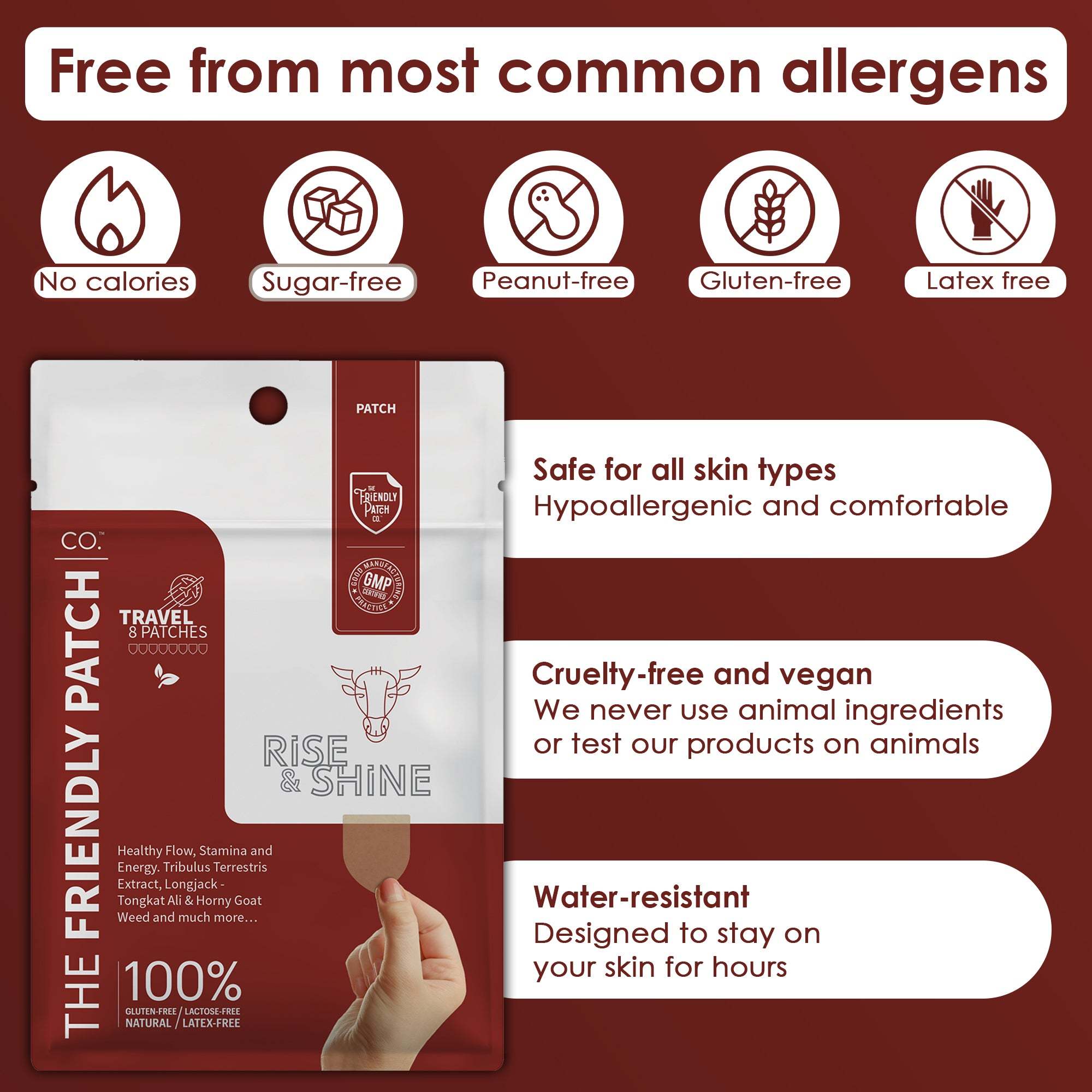 Rise & Shine Patches pack showing brown and white resealable pouch with allergy-free icons, highlighting hypoallergenic, vegan, and water-resistant features.