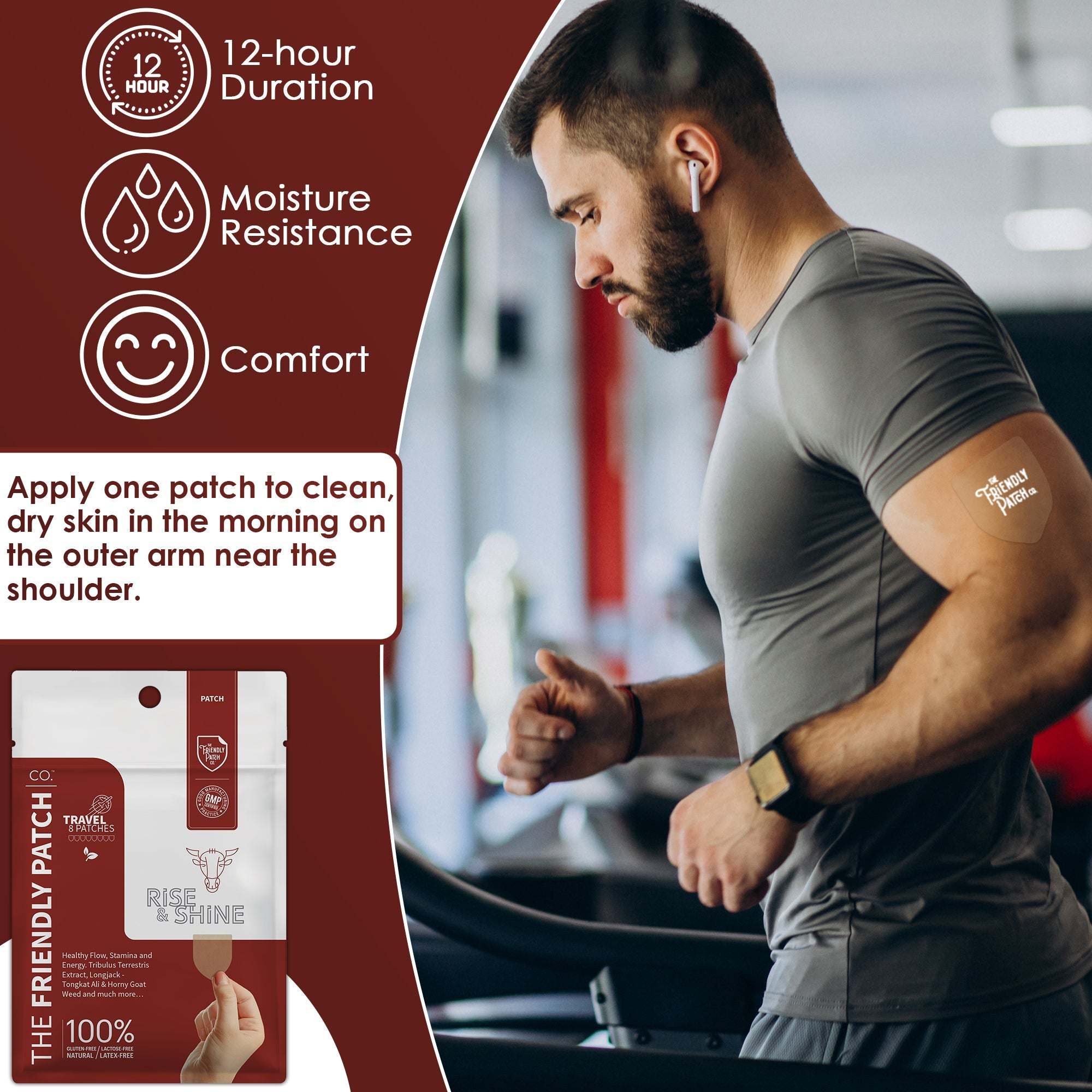 Man wearing a transparent Rise & Shine Patches performance patch on outer arm near shoulder while running indoors