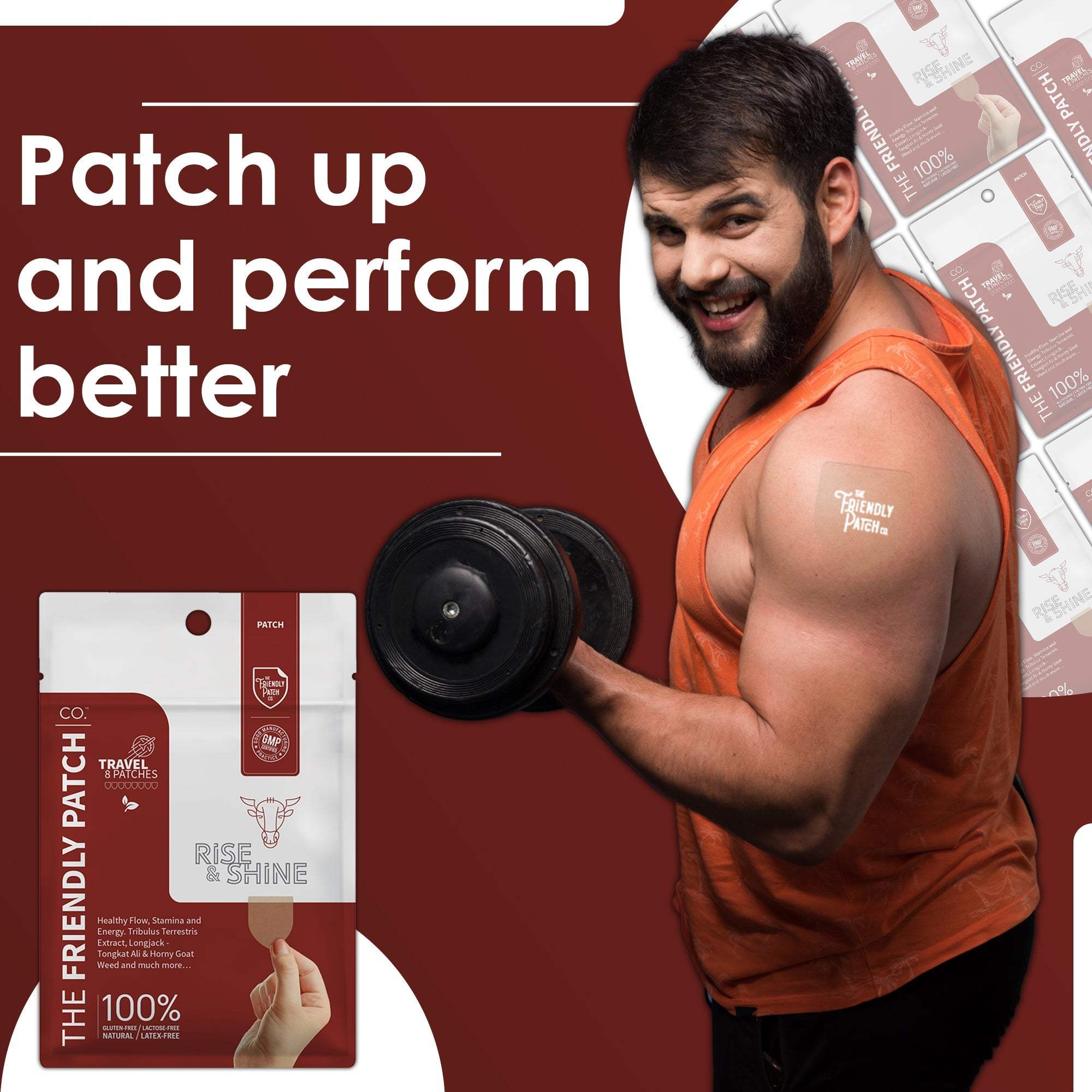 Fitness performance patch displaying a small, skin-toned rectangular Rise & Shine Patches worn on a muscular man's upper arm, promoting energy and vitality.