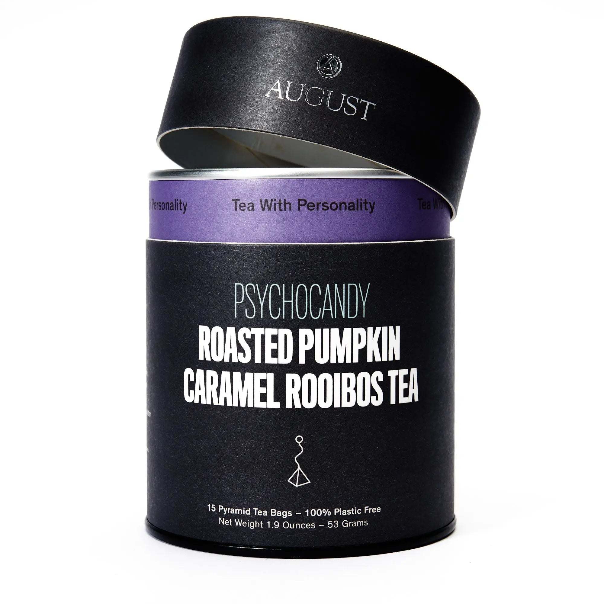 Roasted Pumpkin Caramel Rooibos Tea in a black cylindrical tin with a purple band and matching lid