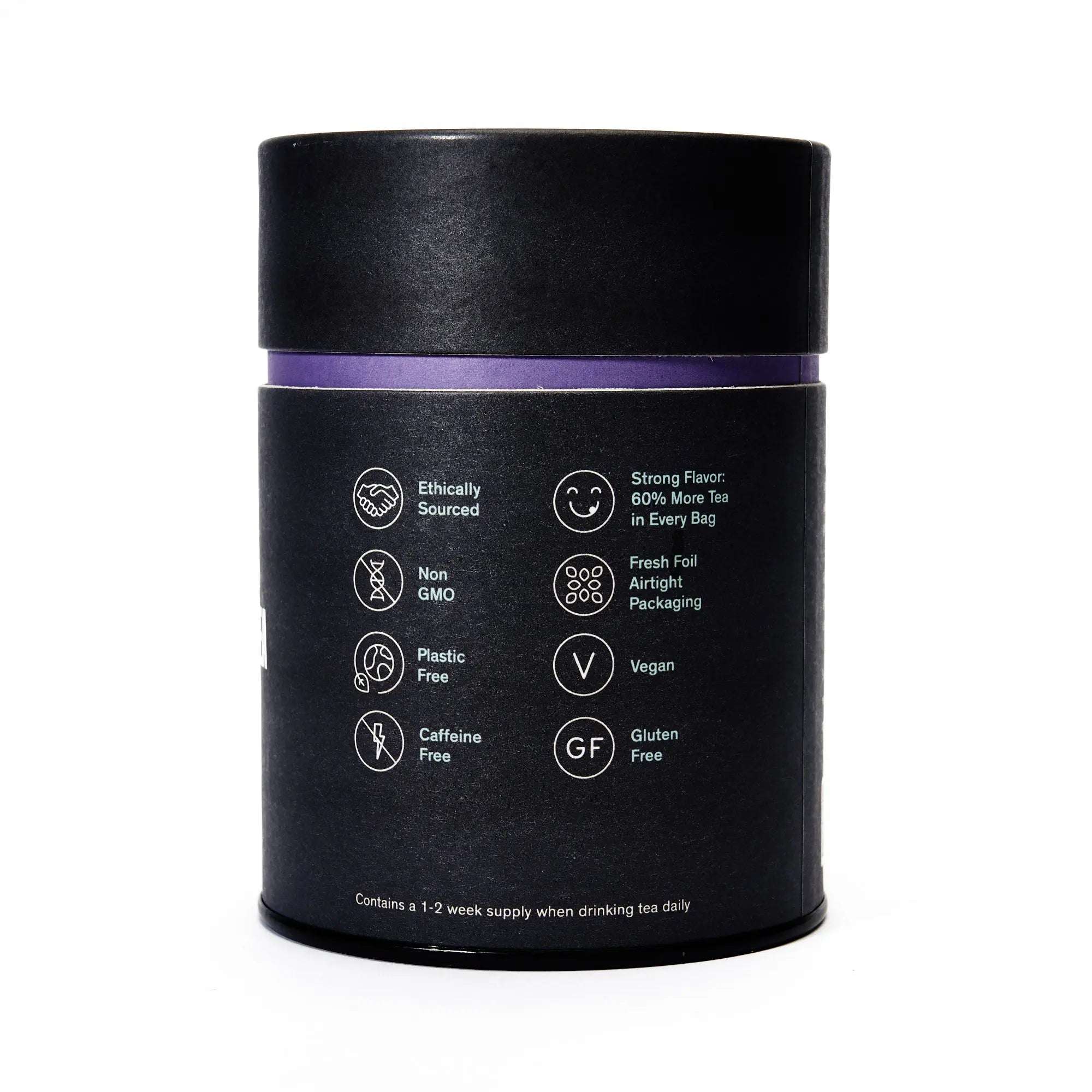 Roasted Pumpkin Caramel Rooibos Tea in a black cylindrical tin with a purple band and caffeine-free label