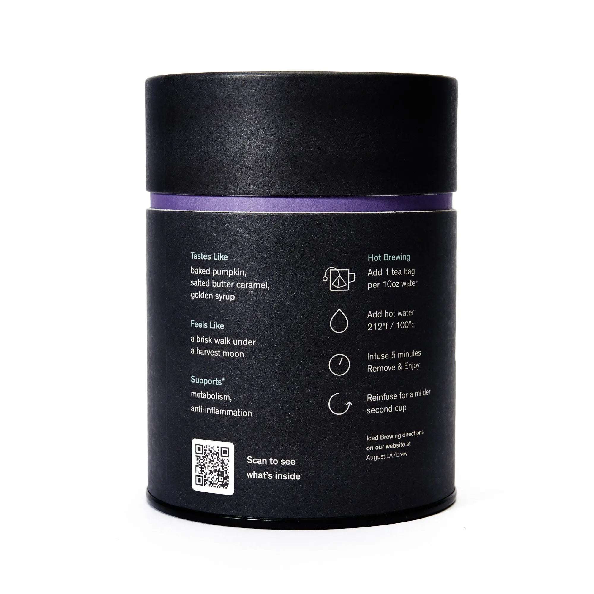 Roasted Pumpkin Caramel Rooibos Tea in a black cylindrical tin with a purple band and brewing instructions on the label