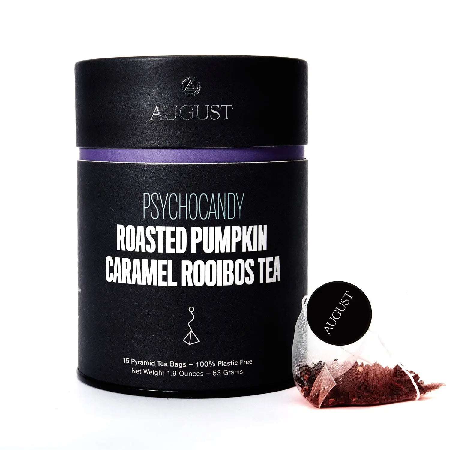 Roasted Pumpkin Caramel Rooibos Tea in a black cylindrical tin with purple band and pyramid tea bag