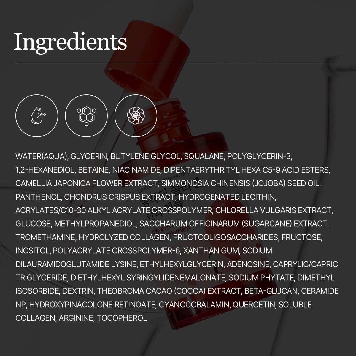 Round Lab Camellia Deep Collagen Firming Ampoule with pink translucent liquid and glass dropper bottle displaying ingredients label
