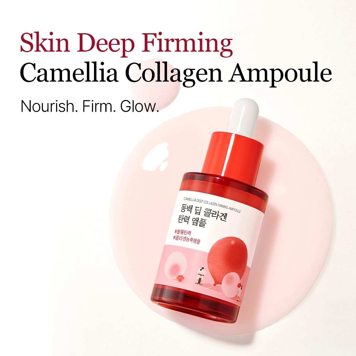 Round Lab Camellia Deep Collagen Firming Ampoule in a red and white glass bottle with a dropper cap, featuring pink floral design accents.