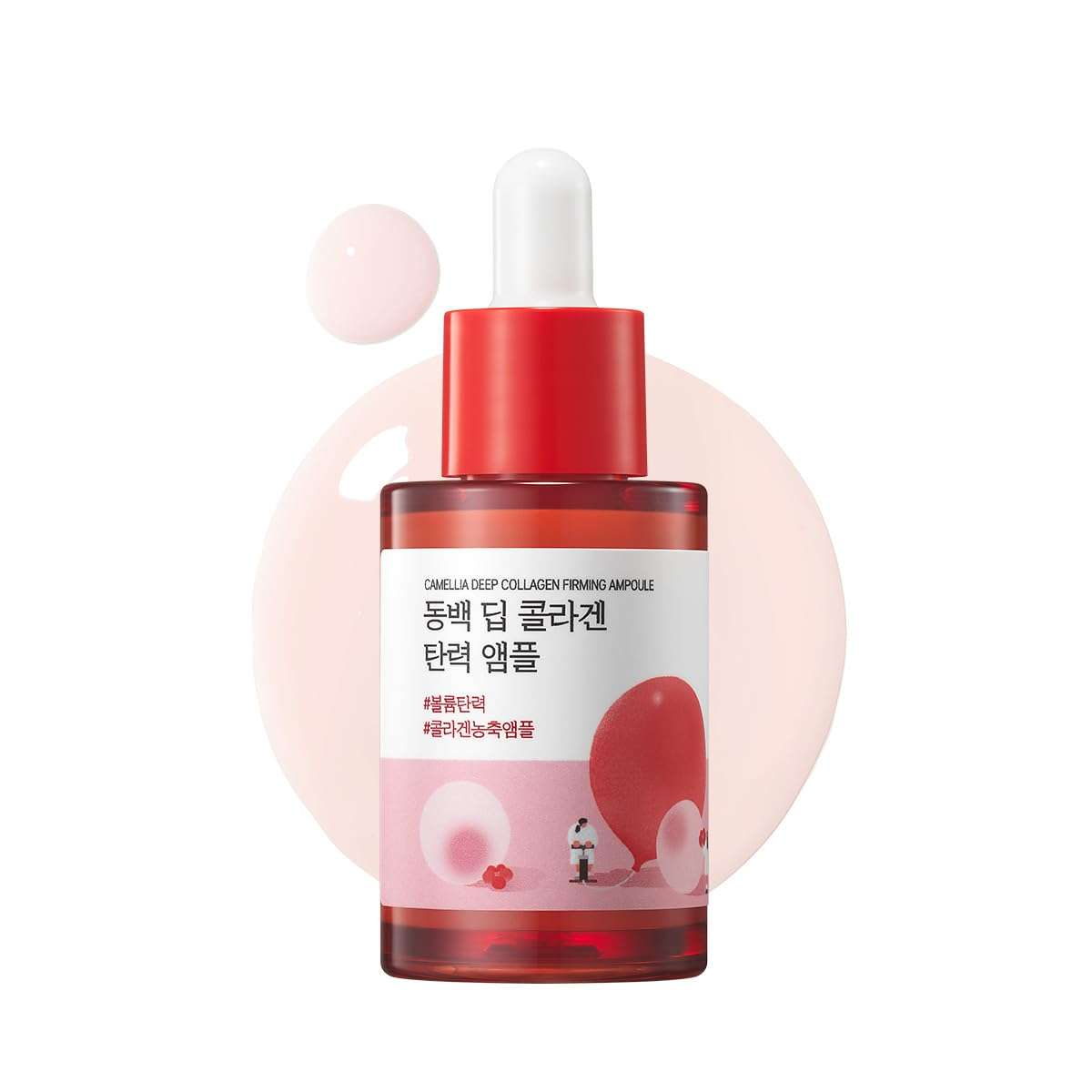 Round Lab Camellia Deep Collagen Firming Ampoule in red translucent bottle with white label and red cap, pink liquid drops visible