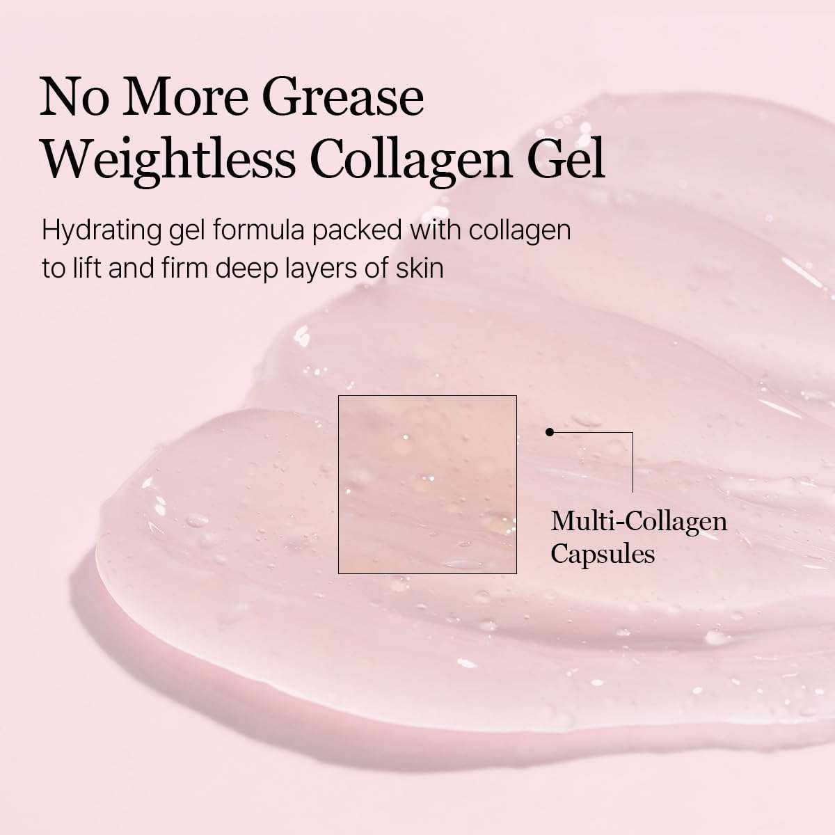 Round Lab Camellia hydrating collagen gel with a smooth light pink texture featuring visible multi-collagen capsules for firming skin effects.