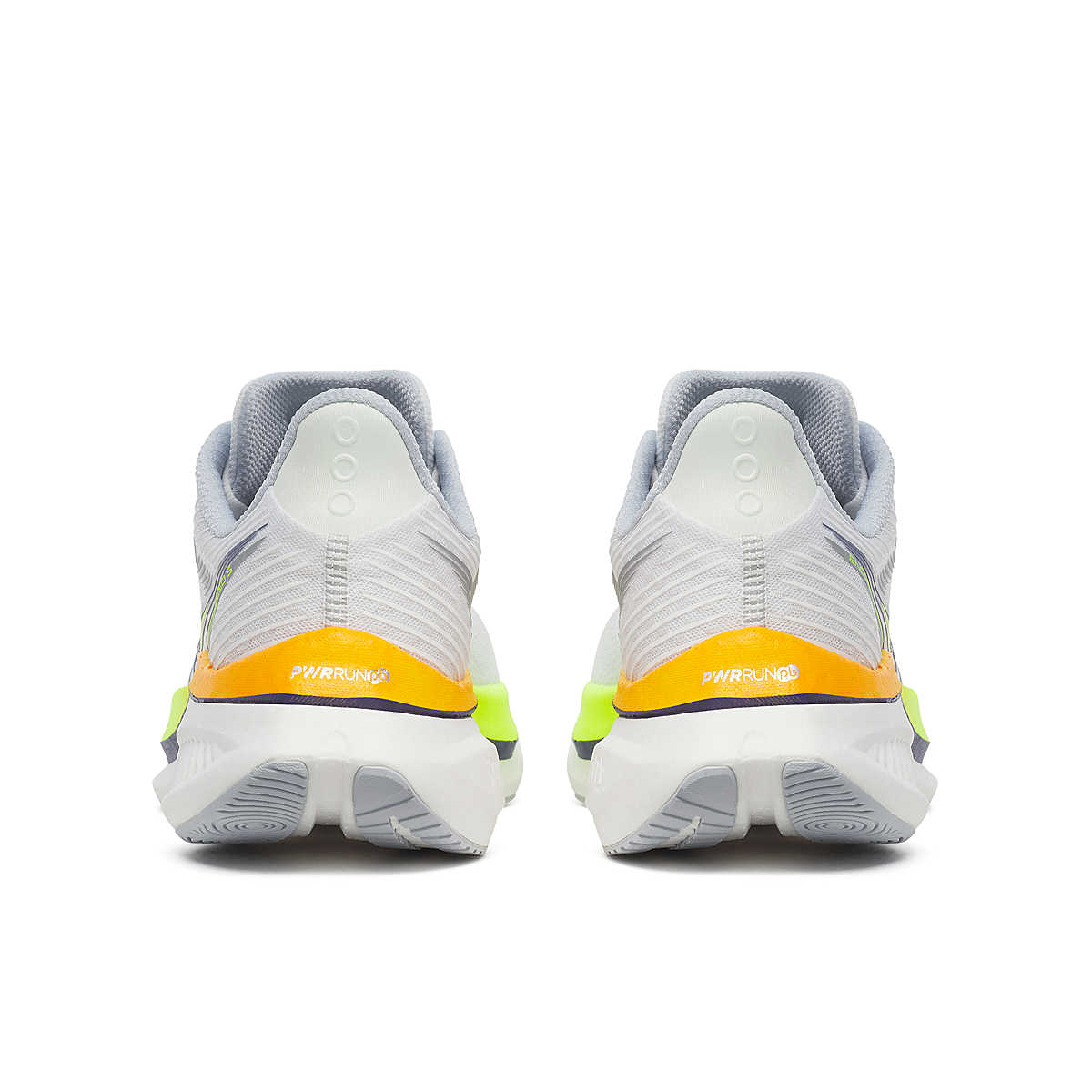 Saucony Men's Endorphin Speed 5 running shoes in white and gray mesh, with neon yellow accents and orange heel bands