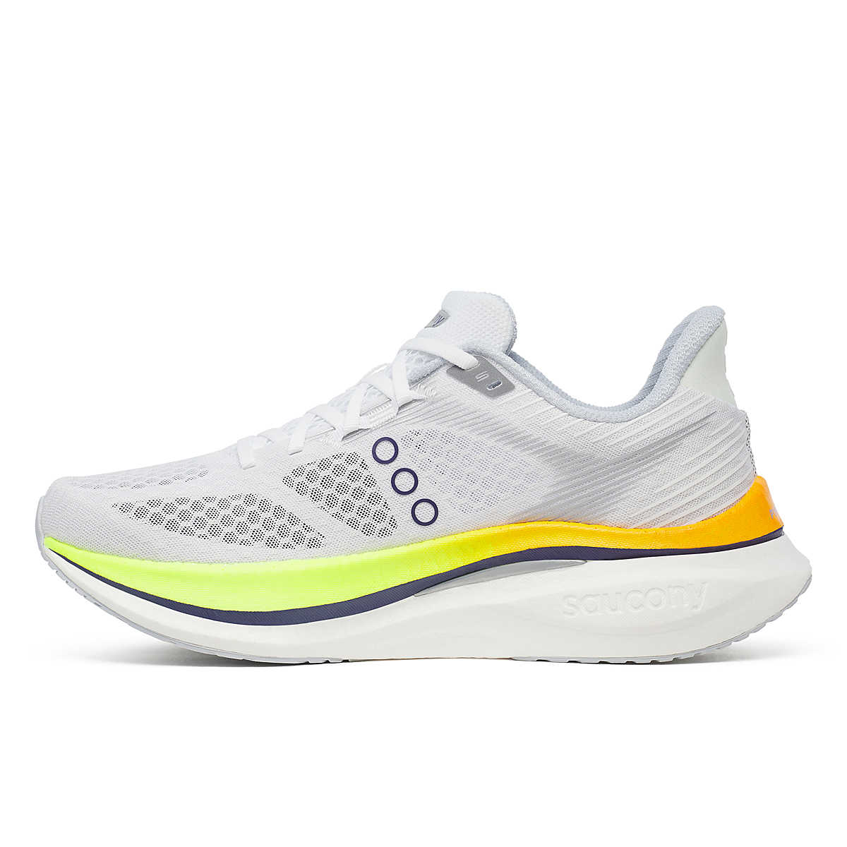 Saucony Men's Endorphin Speed 5 running shoe in white mesh with neon yellow and orange accents, three side dots and a thick sole