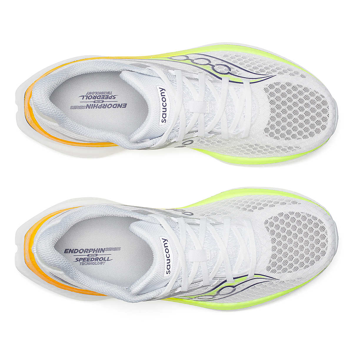 Saucony Men's Endorphin Speed 5 running shoes in white mesh with lime green and orange trim and purple logo