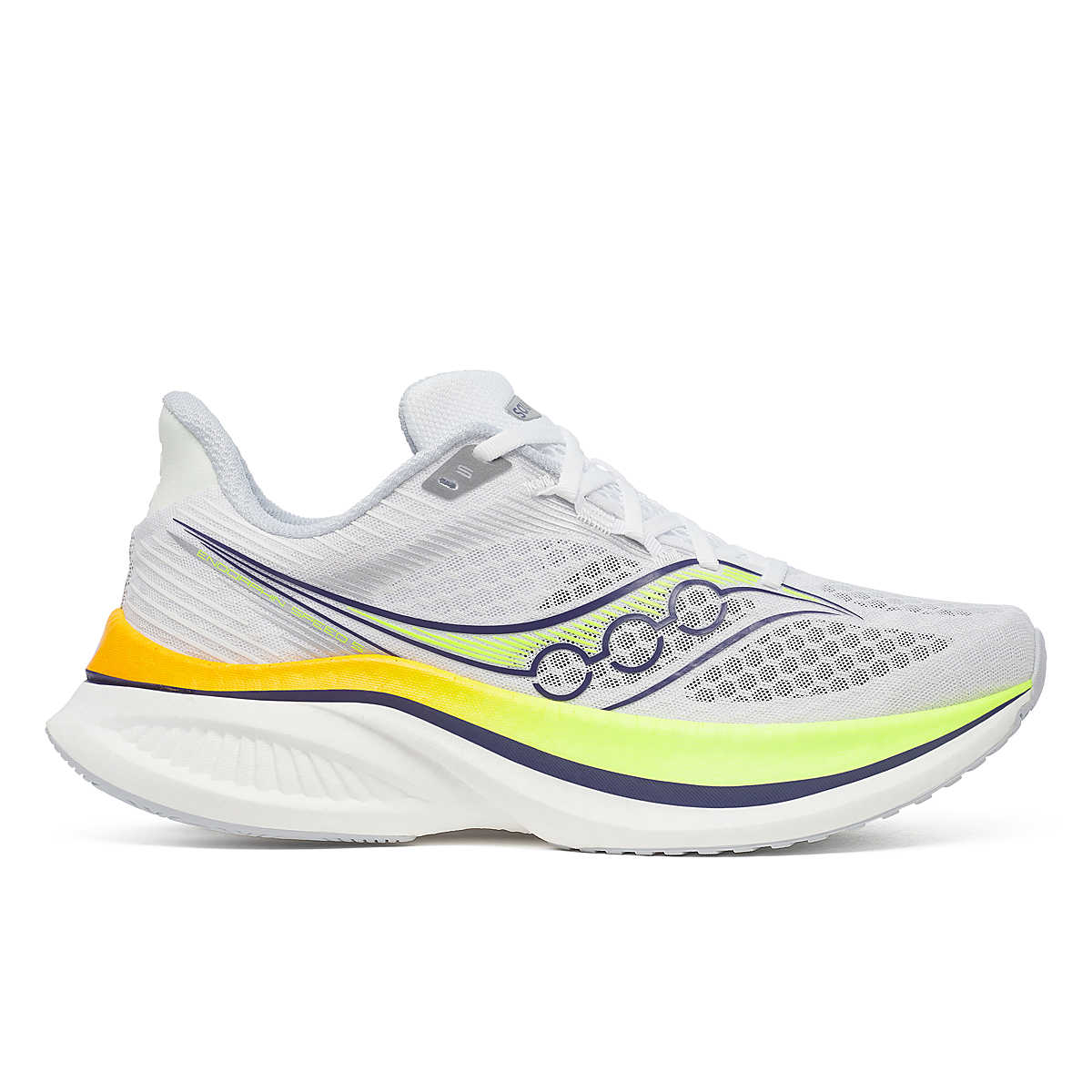 Saucony Men's Endorphin Speed 5 running shoe in white mesh with neon yellow accents, navy lines and a sculpted sole