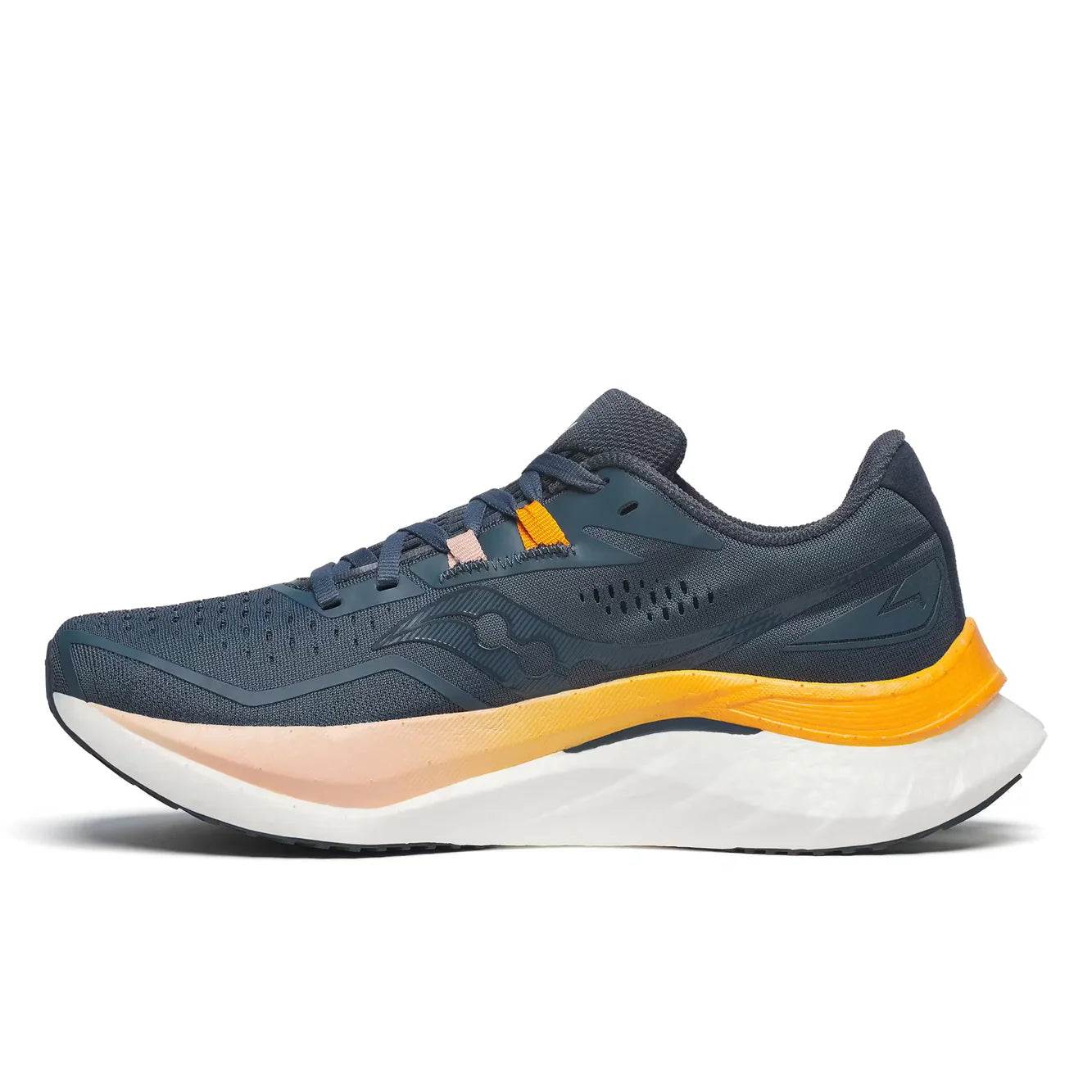 Saucony Women's Endorphin Speed 4 running shoe in dark navy mesh with a bright orange heel accent and thick white sole