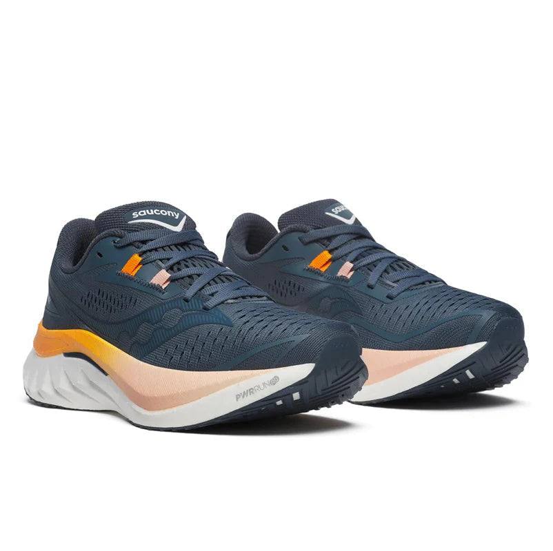 Saucony Women's Endorphin Speed 4 running shoes in navy mesh with orange accents, peach midsoles and white cushioning