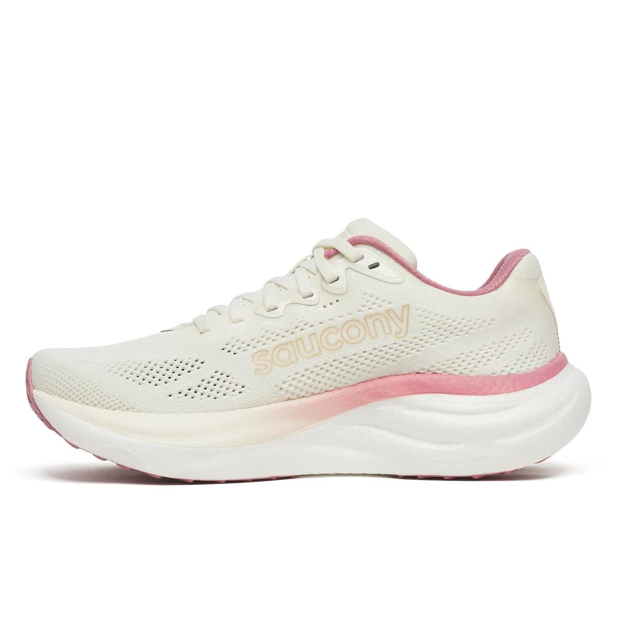 Saucony Women's Ride 19 running shoe in cream mesh with pink trim, tonal logo and a thick cushioned sole