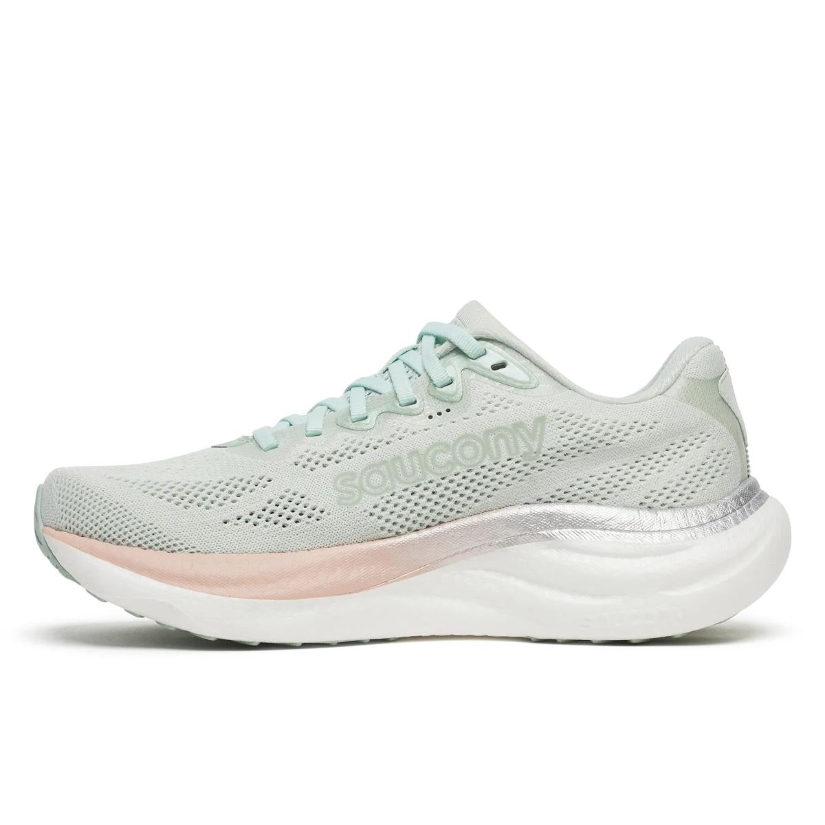Saucony Women's Ride 19 running shoe in pale mint mesh with perforated panels, blush midsole accents and a thick white sole