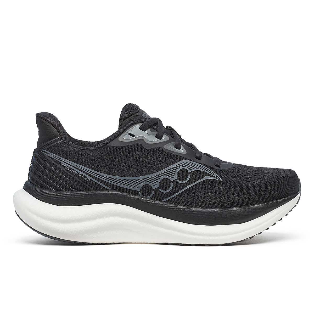 Saucony Women's Triumph 23 running shoe in black mesh with gray wave logo, black laces, and a thick white sole