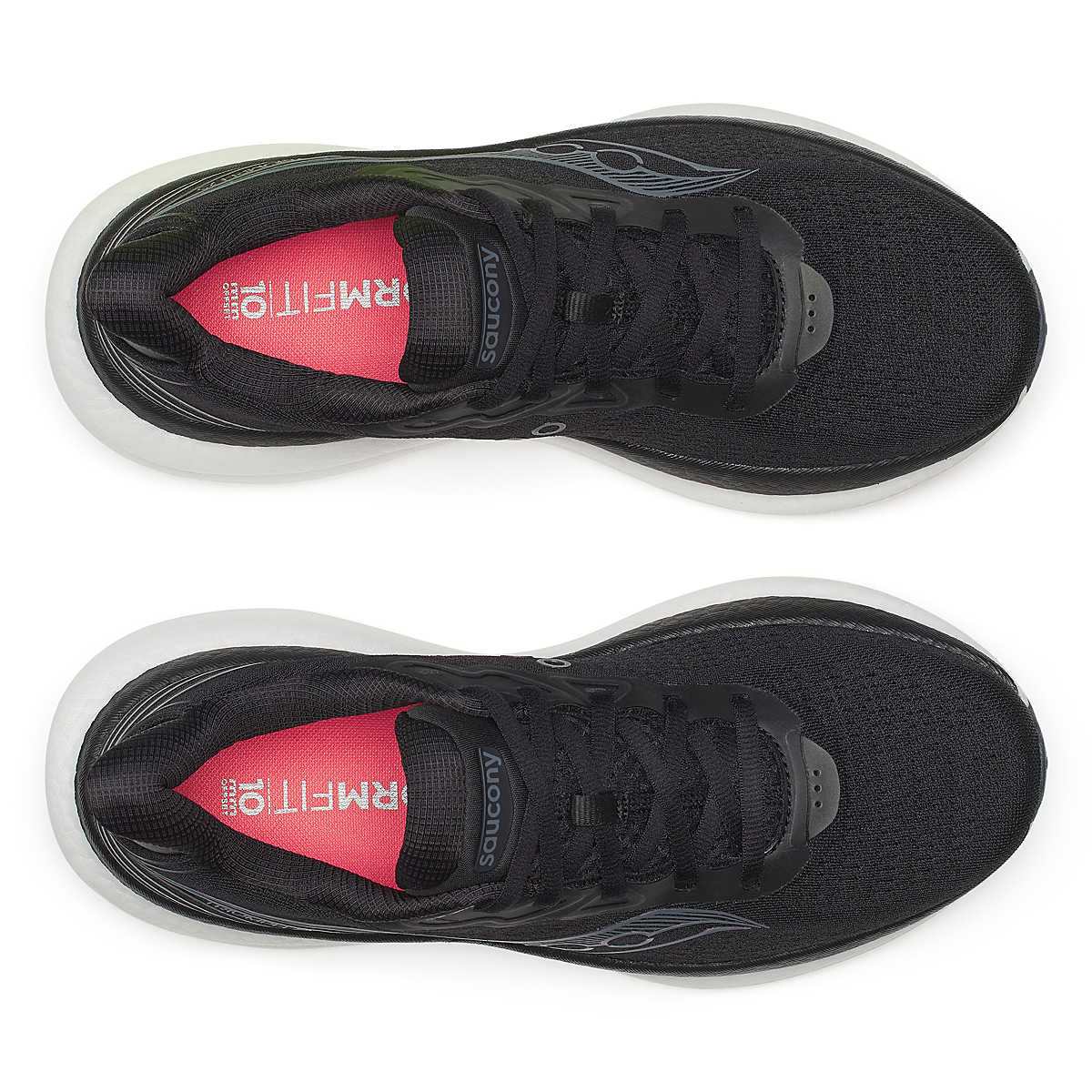 Saucony Women's Triumph 23 running shoes in black mesh with black laces, subtle side detailing and white midsoles