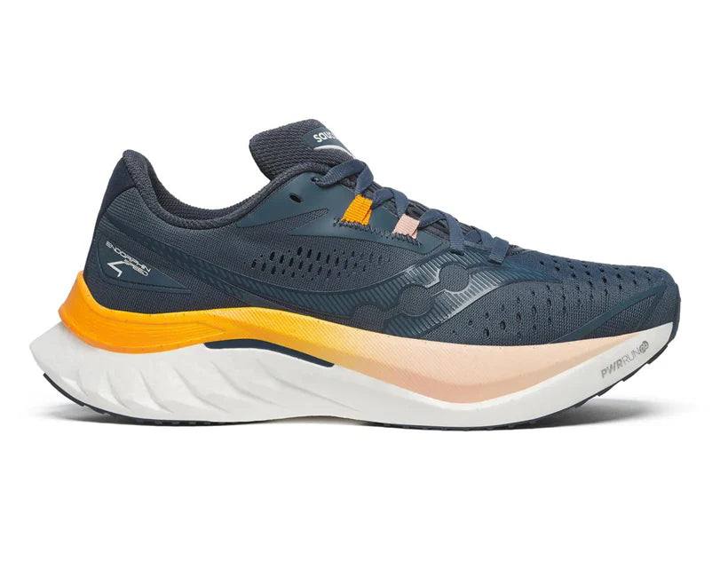 Saucony Women's Endorphin Speed 4 running shoe in navy mesh with perforated panels, orange heel accents and a white cushioned sole