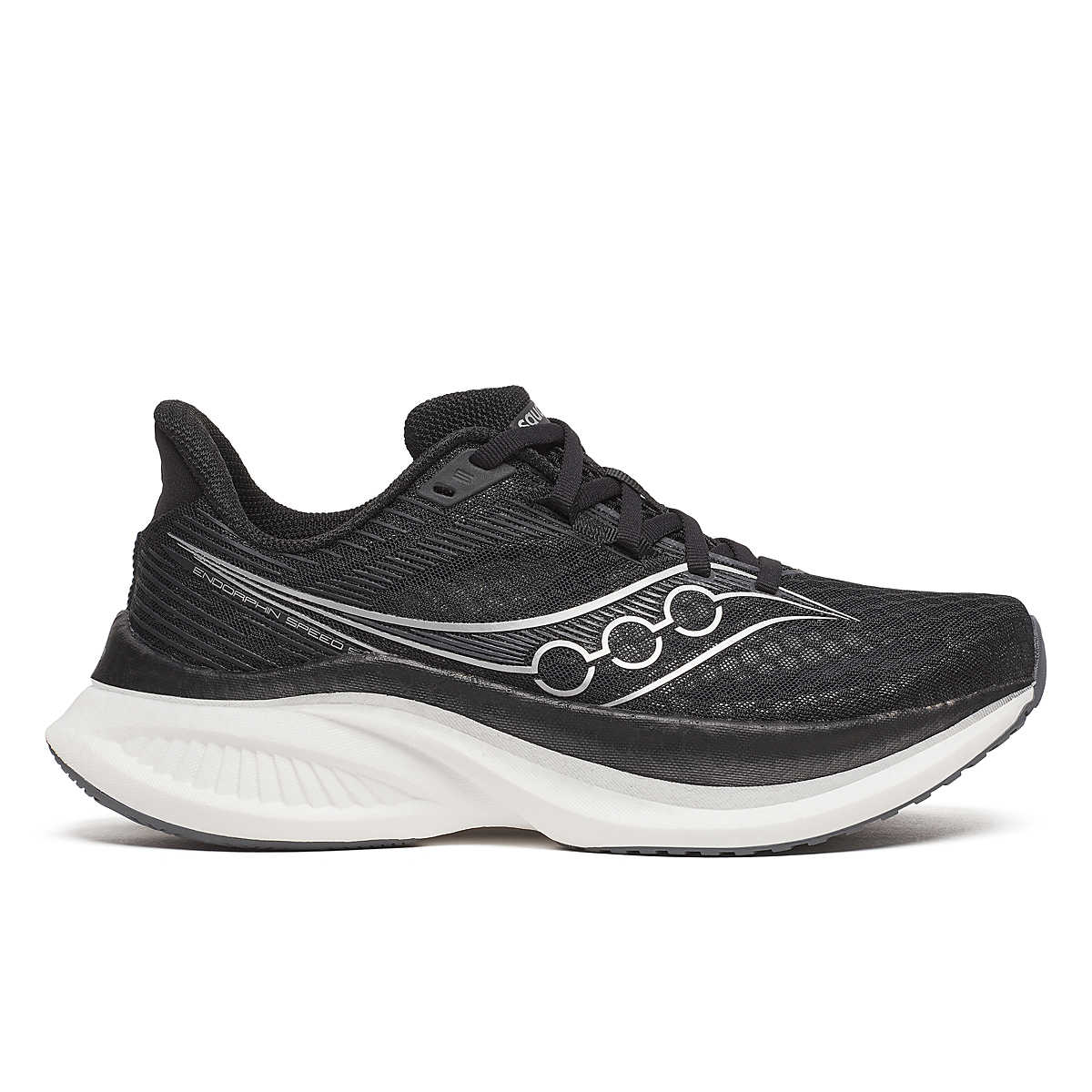 Saucony Women's Endorphin Speed 5 running shoe in black engineered mesh with white wave-shaped midsole and silver logo