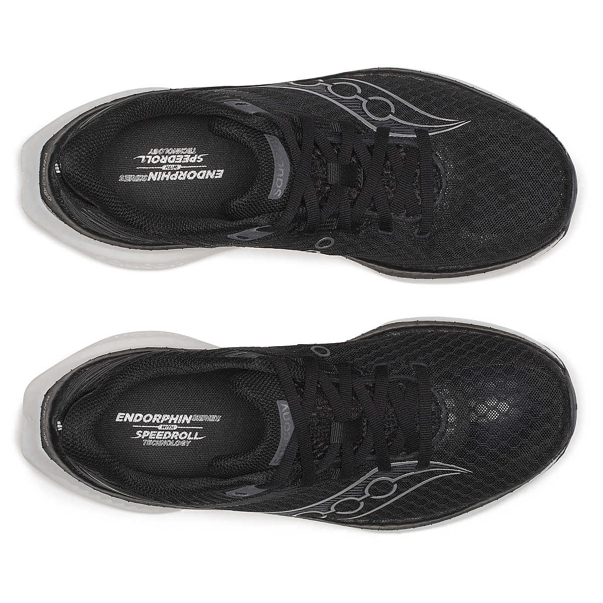 Saucony Women's Endorphin Speed 5 black running shoes with breathable mesh uppers, black laces and white sole accents