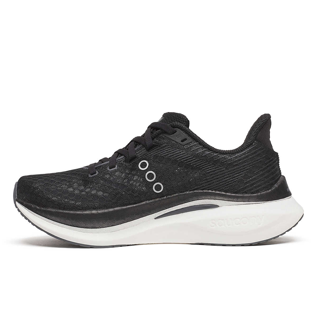 Saucony Women's Endorphin Speed 5 running shoe with black mesh upper, three white circular details and thick white midsole