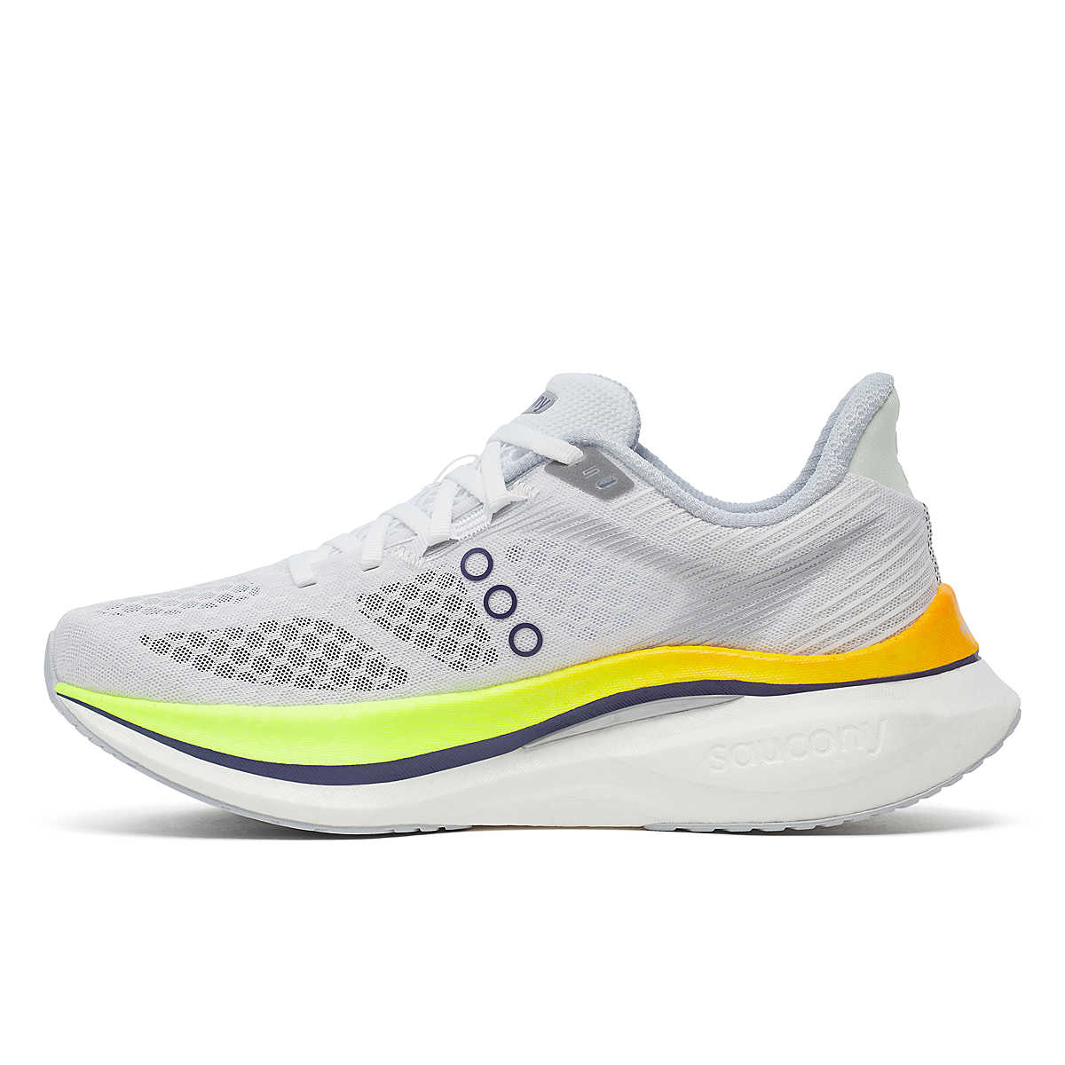 Saucony Women's Endorphin Speed 5 running shoe in light grey mesh with neon yellow and orange accents and a thick white sole