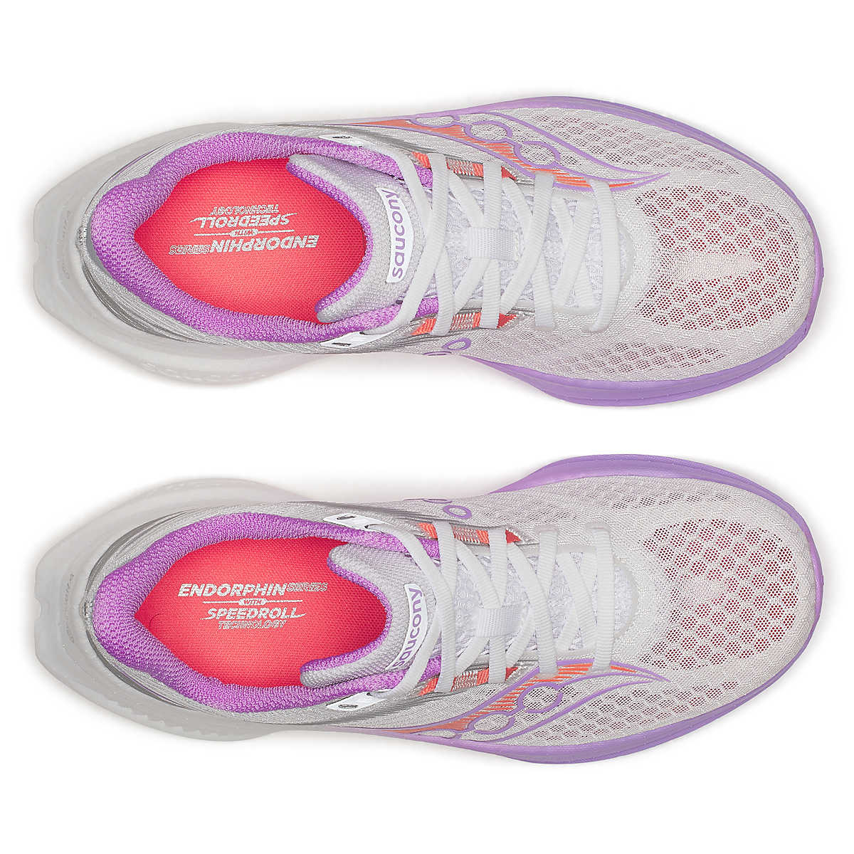 Saucony Women's Endorphin Speed 5 running shoes with white mesh uppers, lavender accents, and bright pink insoles