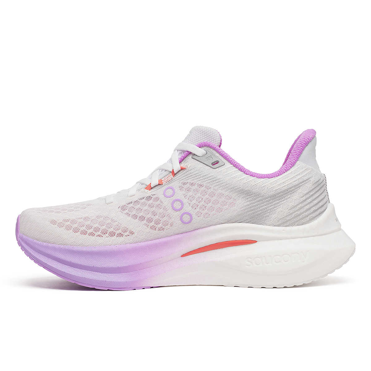 Saucony Women's Endorphin Speed 5 running shoe in white mesh with lilac accents, a coral midsole detail and thick cushioned sole