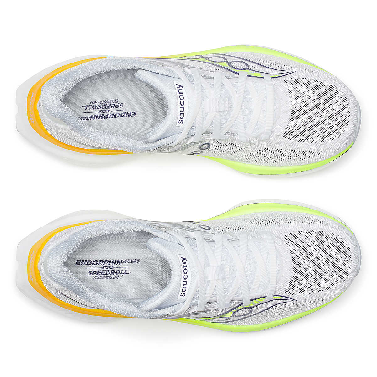 Saucony Women's Endorphin Speed 5 running shoes in white mesh with neon yellow-green soles, orange heel accents and purple detailing