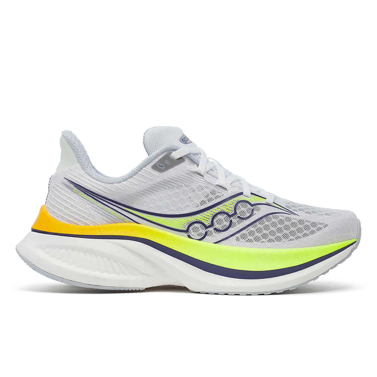 Saucony Women's Endorphin Speed 5 running shoe in white mesh with neon yellow accents, navy detailing and a thick cushioned sole
