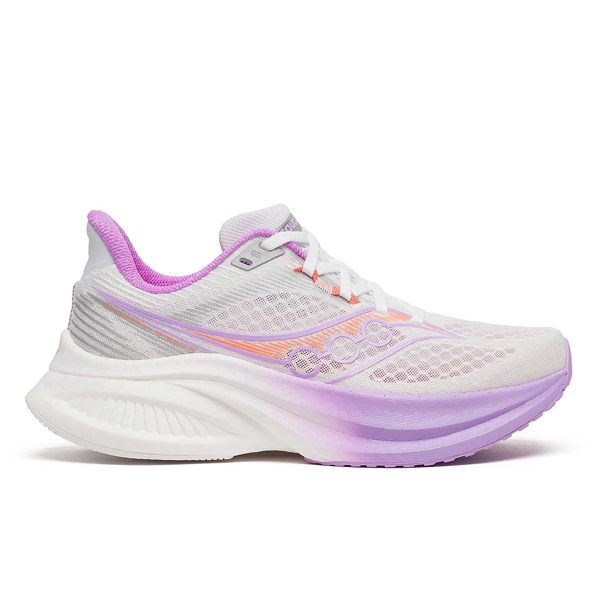 Saucony Women's Endorphin Speed 5 running shoe in white engineered mesh with pink and orange accents and a thick purple sole