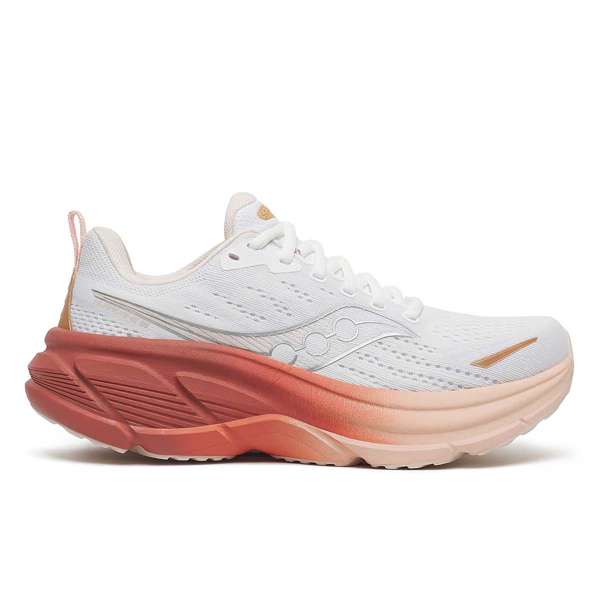 Saucony Women's Hurricane 25 running shoe with a white mesh upper, gold accents, and a coral-pink cushioned sole