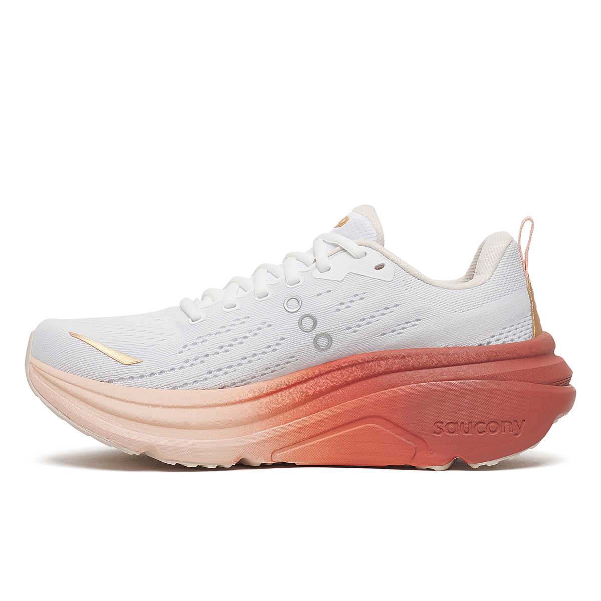 Saucony Women's Hurricane 25 running shoe in white mesh with a blush pink and coral thick cushioned sole