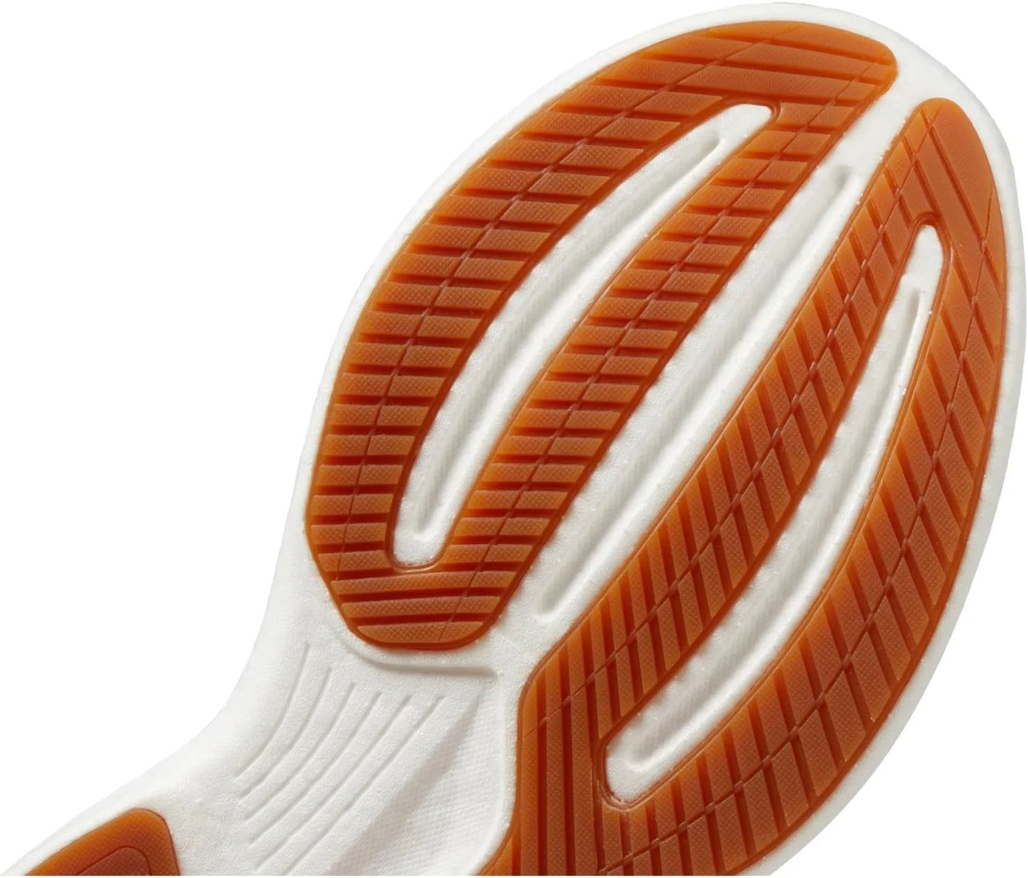 Saucony Women's Ride 17 running shoe outsole with orange rubber traction panels and white foam grooves