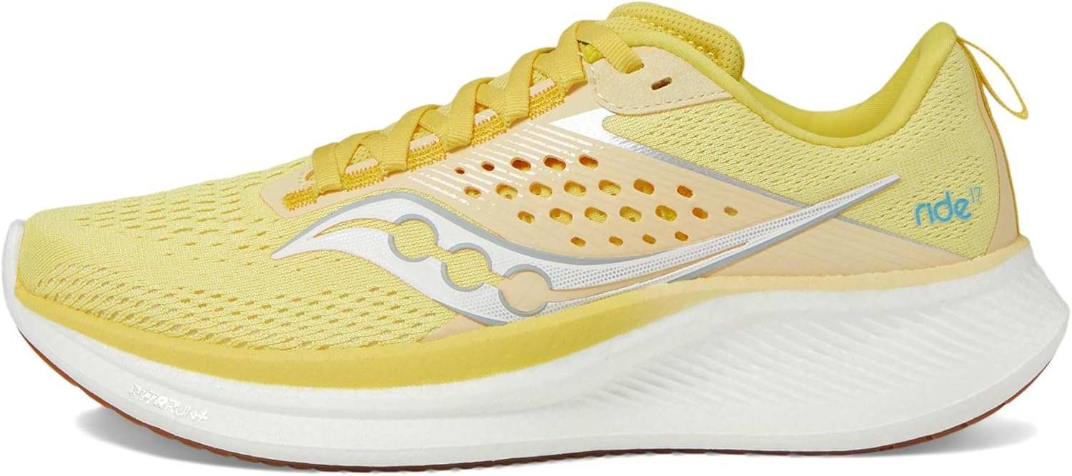 Saucony Women's Ride 17 running shoe in pale yellow mesh with perforated overlays, silver logo and thick white sole