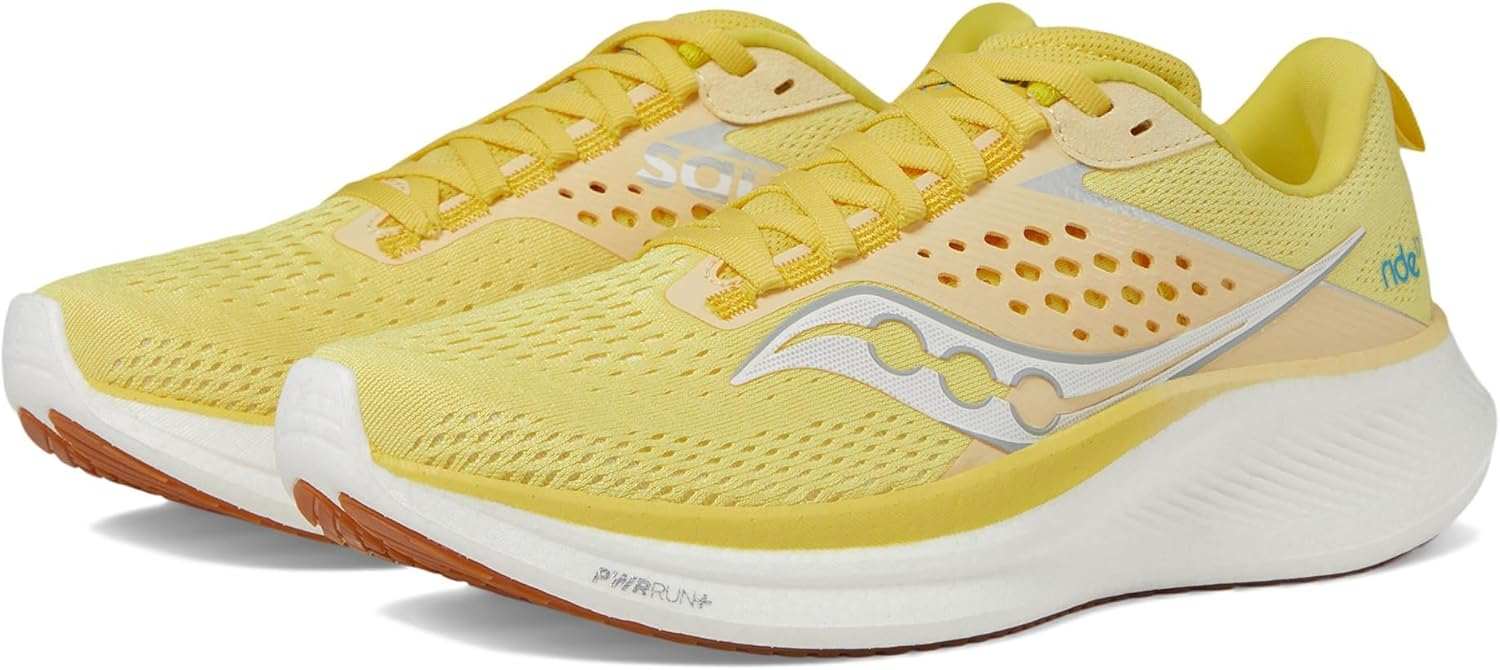 Saucony Women's Ride 17 running shoe in bright yellow mesh with matching laces, silver side logo and white cushioned sole