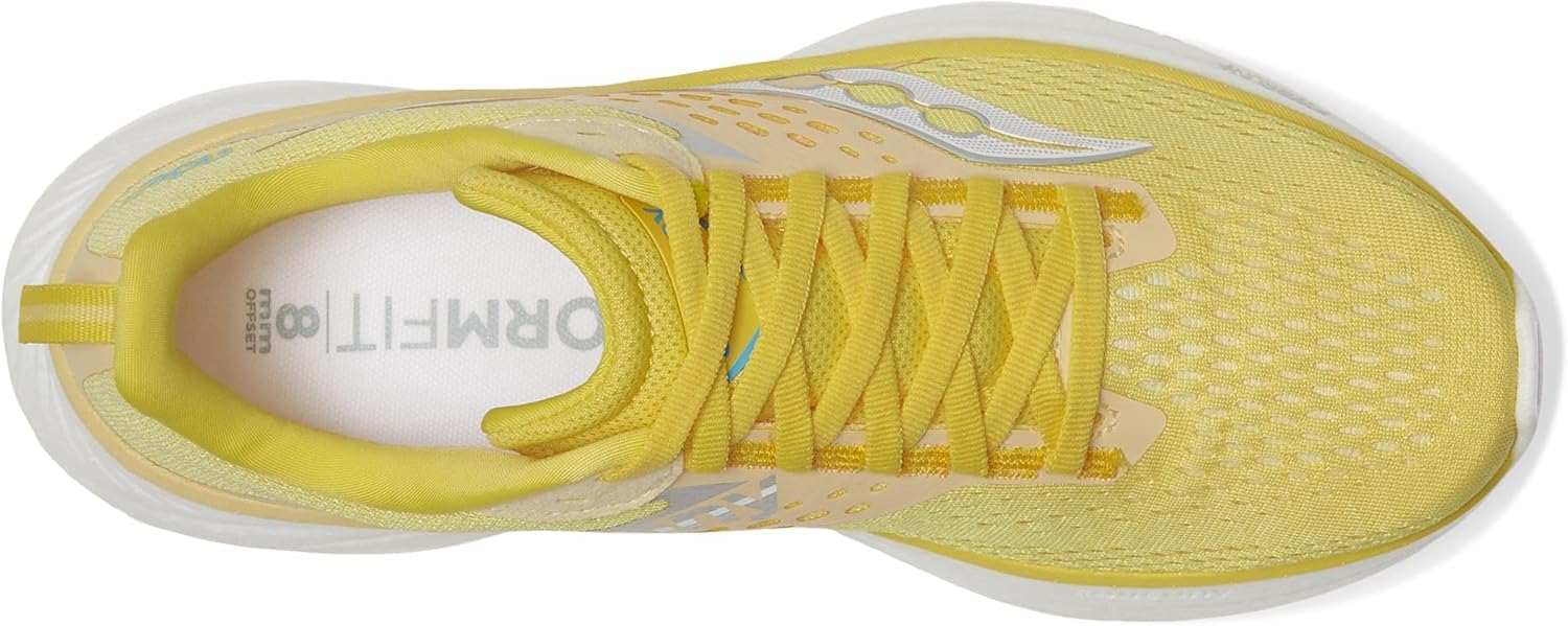 Saucony Women's Ride 17 running shoe in yellow mesh with matching laces, white sole and reflective side accents