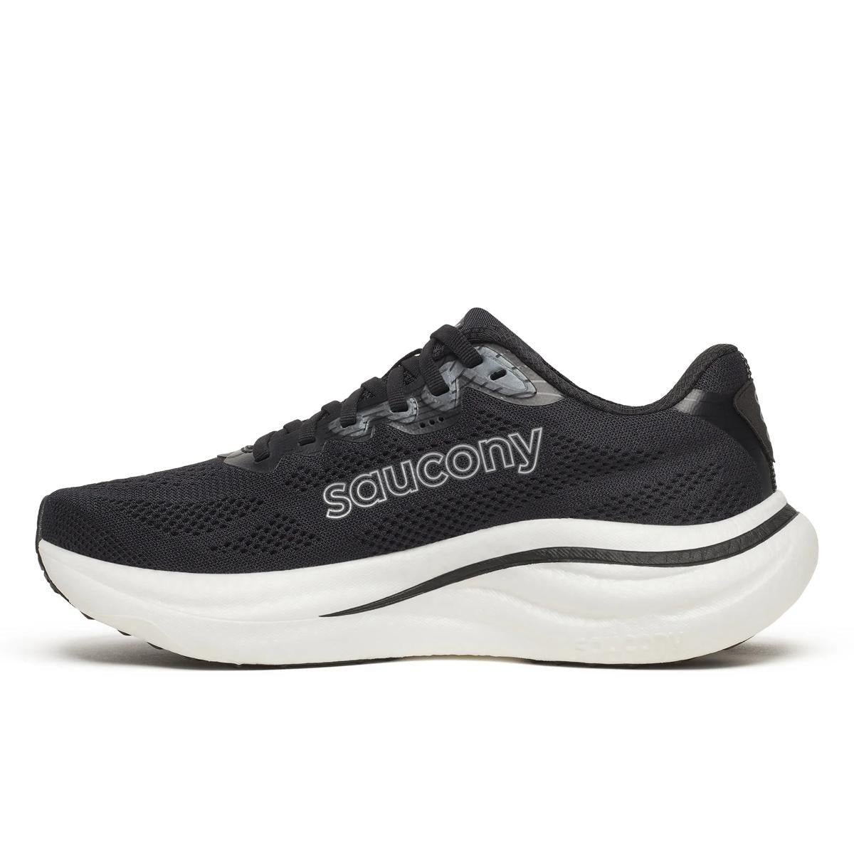 Saucony Women's Ride 19 running shoe with a black mesh upper, matching laces, side logo and thick white sole