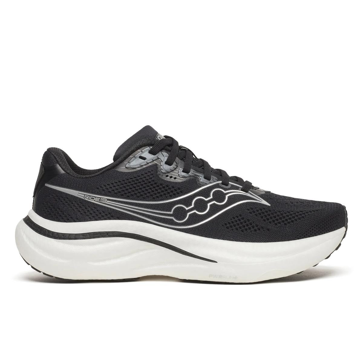 Saucony Women's Ride 19 running shoe in black mesh with silver side detailing and a thick white cushioned sole