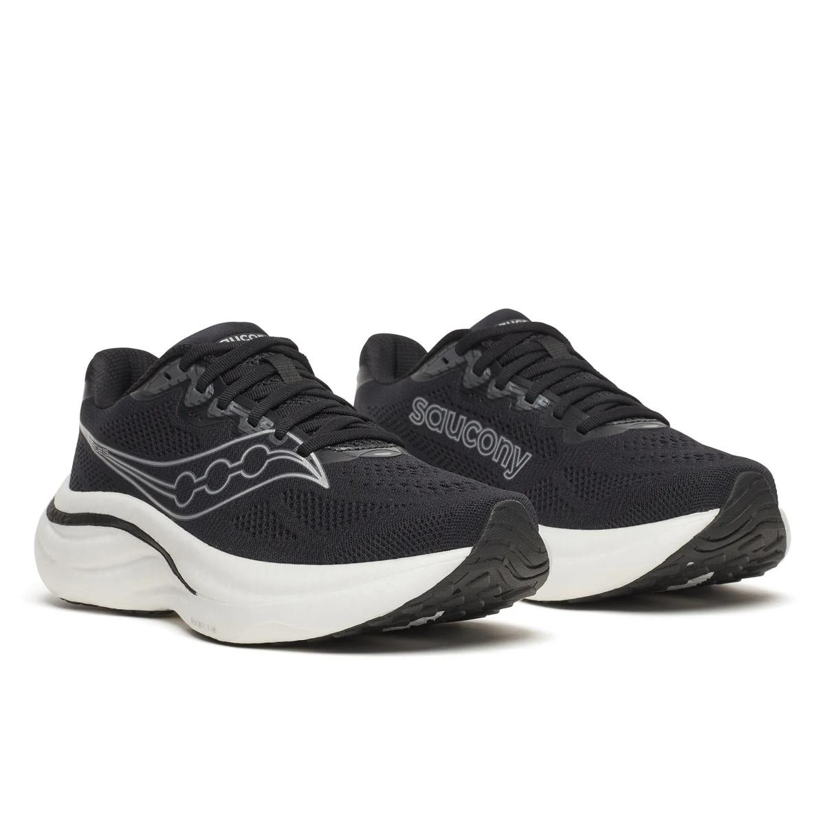 Saucony Women's Ride 19 running shoes in black mesh with tonal overlays, white cushioned midsoles, and black rubber outsoles
