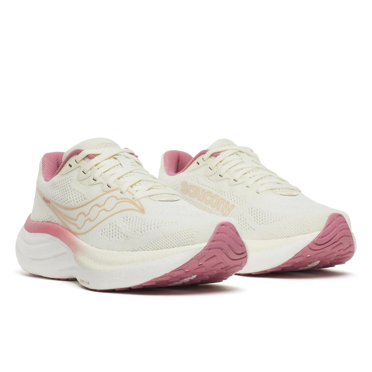 Saucony Women's Ride 19 running shoes in cream mesh with pale pink accents, white midsoles, and pink rubber outsoles
