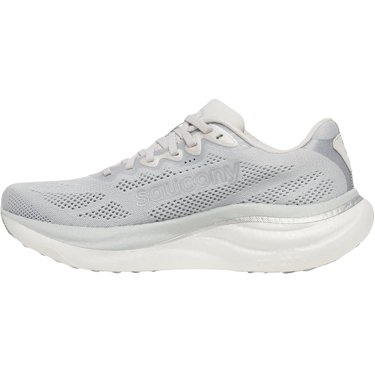 Saucony Women's Ride 19 running shoe in light gray mesh with perforated panels, tonal laces, and a thick white sole