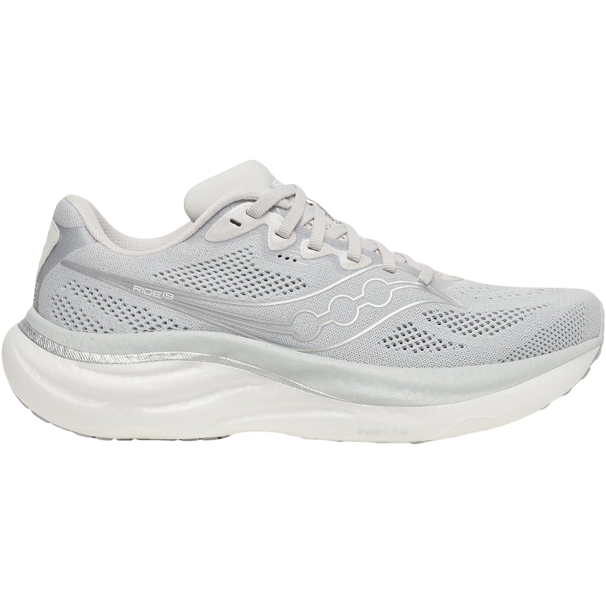 Saucony Women's Ride 19 running shoe in light gray mesh with tonal laces, perforated panels and a thick white sole