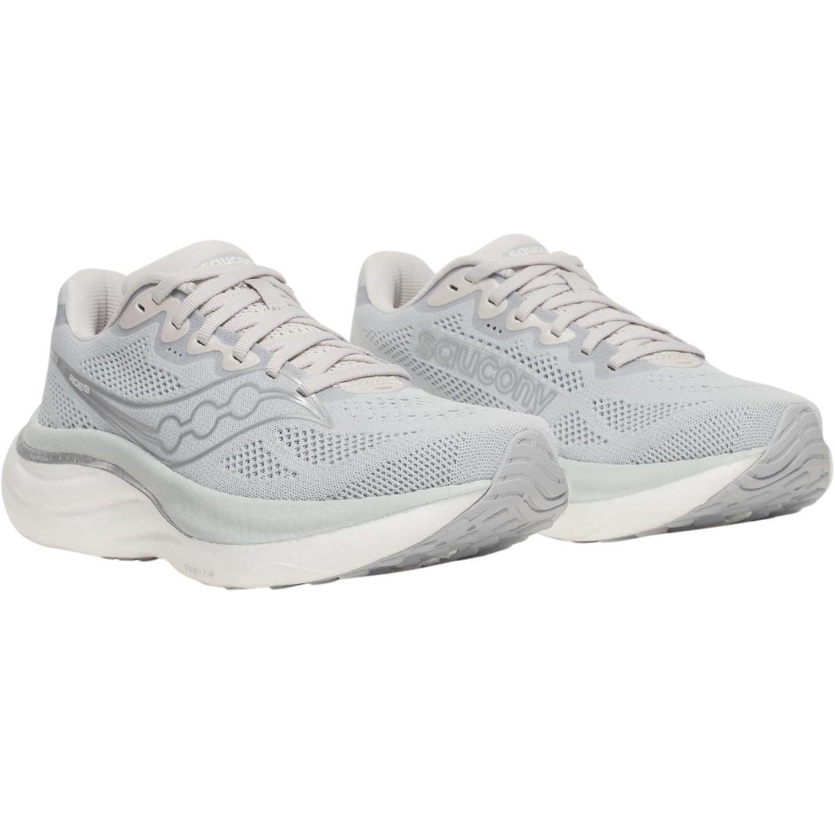 Saucony Women's Ride 19 running shoes in light gray mesh with tonal laces, perforated panels and thick cushioned soles