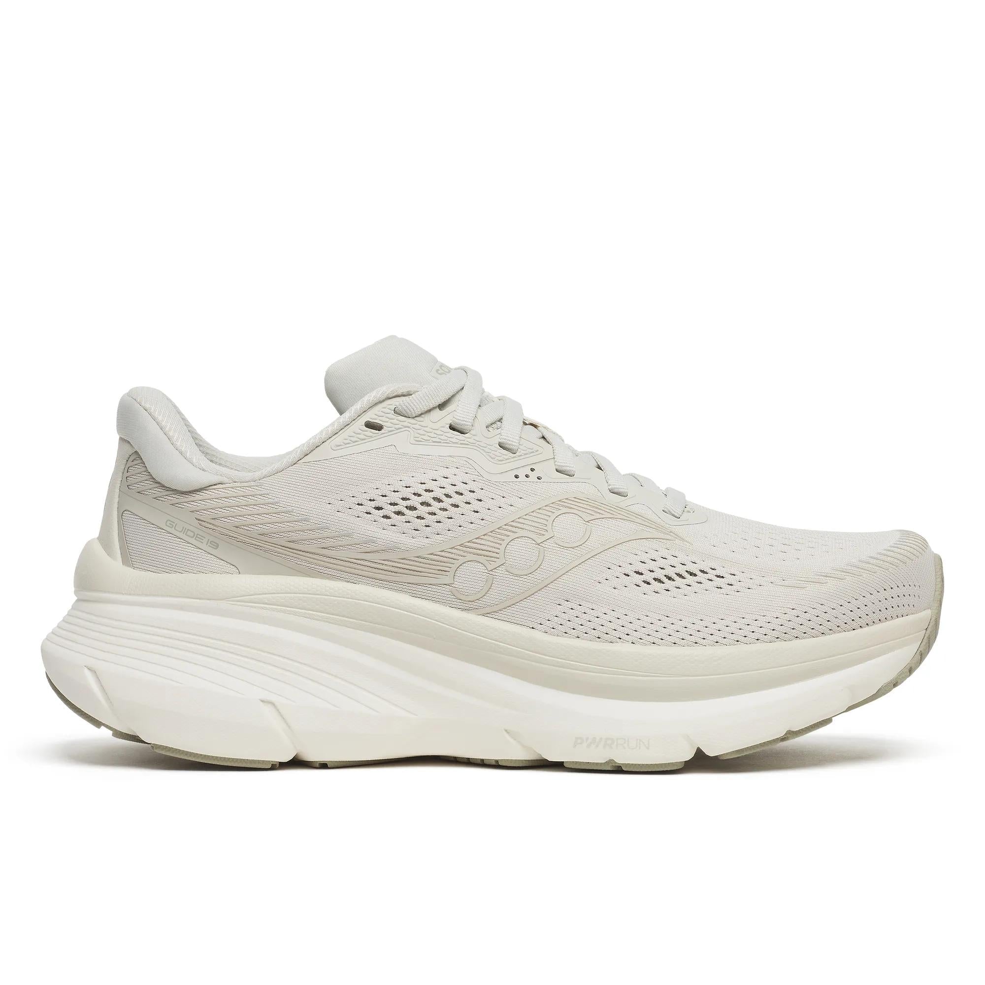 Saucony Women's Ride 19 running shoe in off-white mesh with tonal overlays, perforated details and a thick sculpted sole