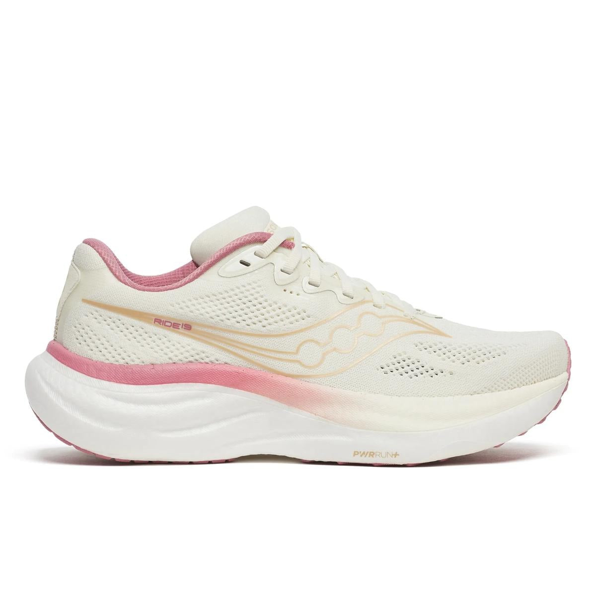 Saucony Women's Ride 19 running shoe in off-white mesh with pink trim, gold accents, and a thick cushioned sole
