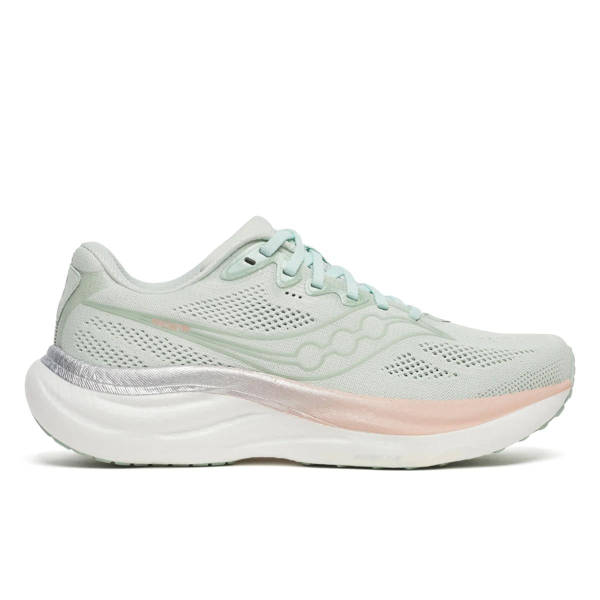 Saucony Women's Ride 19 running shoe in pale mint mesh with matching laces, breathable perforations and a thick white sole