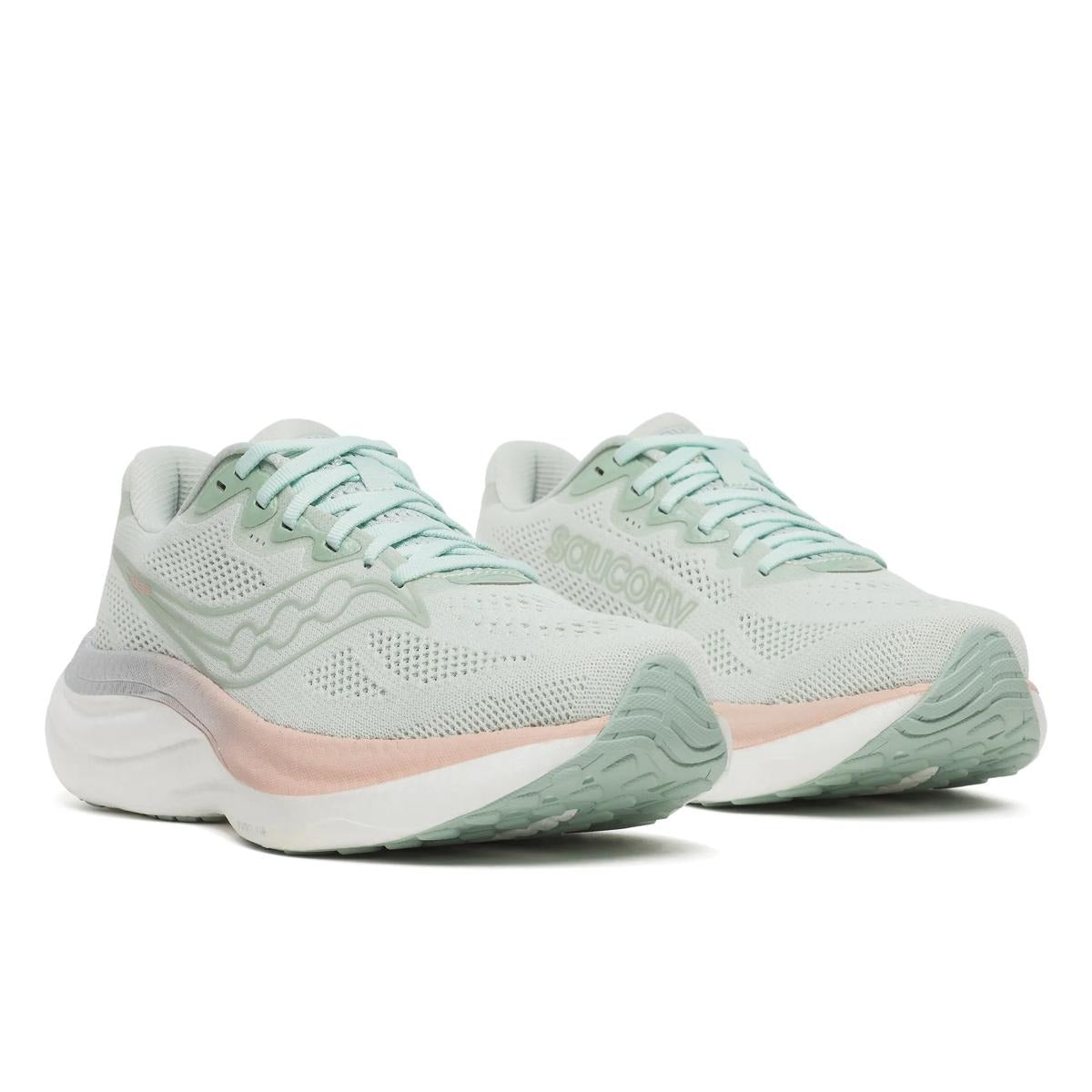 Saucony Women's Ride 19 running shoes in pale mint mesh with tonal laces, perforated panels, and blush midsole accents