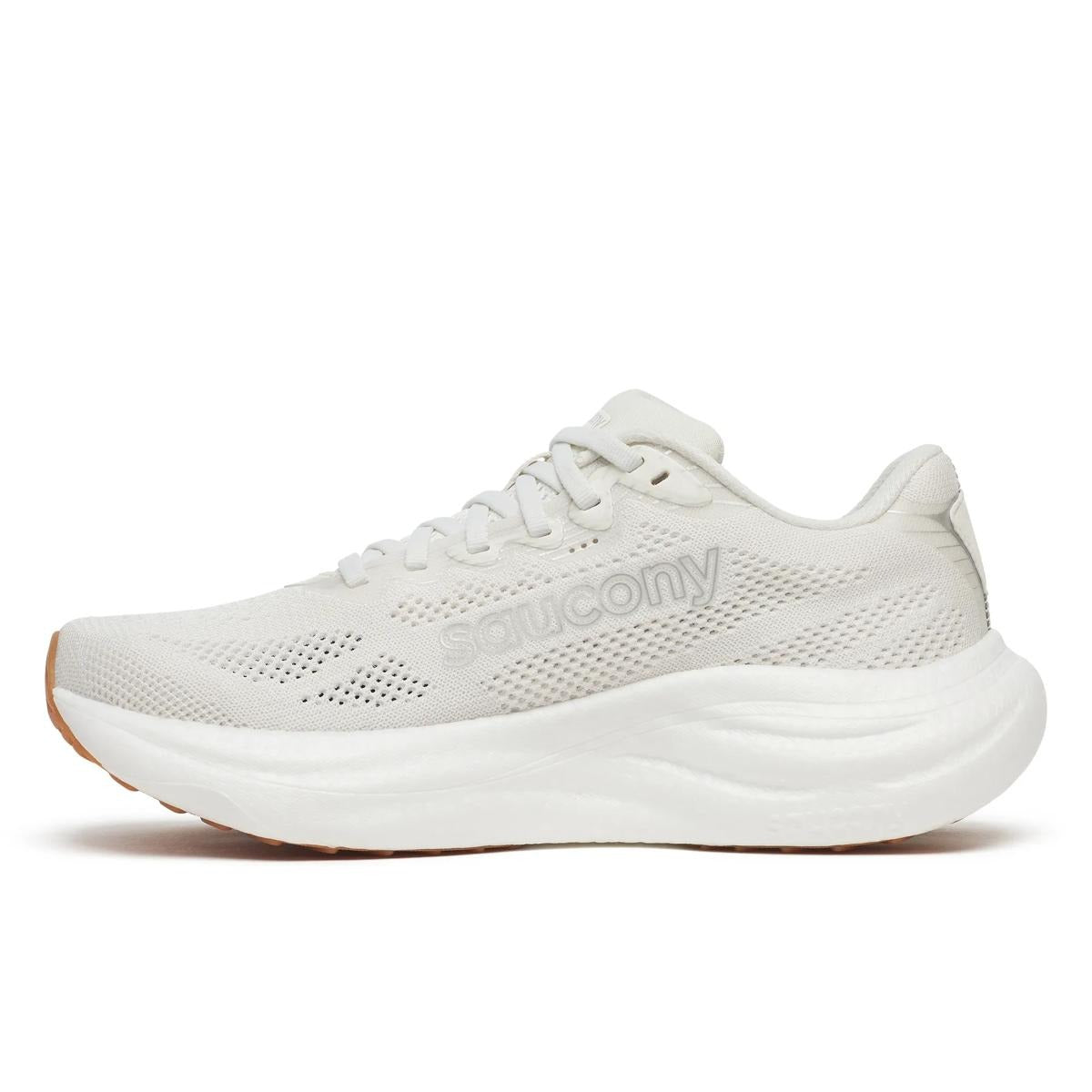 Saucony Women's Ride 19 running shoe in white mesh with matching laces, perforated panels, and a thick cushioned sole