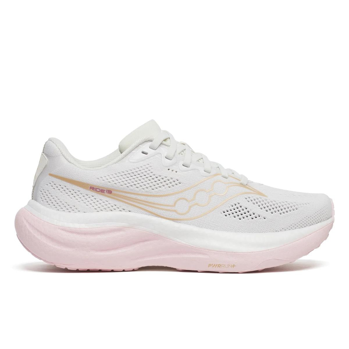 Saucony Women's Ride 19 running shoe in white mesh with pale pink cushioning and subtle gold accents